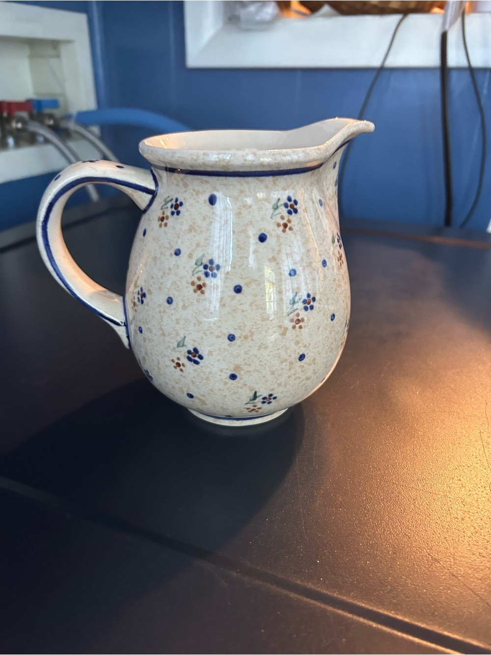 Cream Ceramic Floral Pitcher with Blue Trim - Polish Pottery